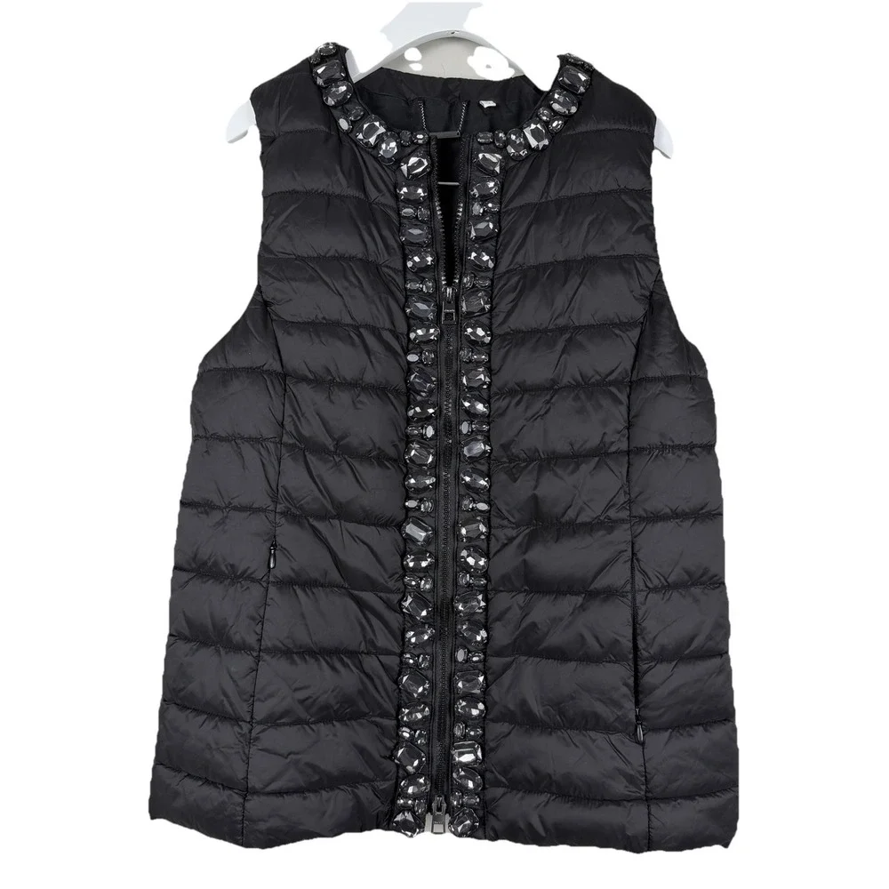 Women's Chicos Quilted Black Embellished Jeweled Puffer Vest SZ-0-U.S. Small
